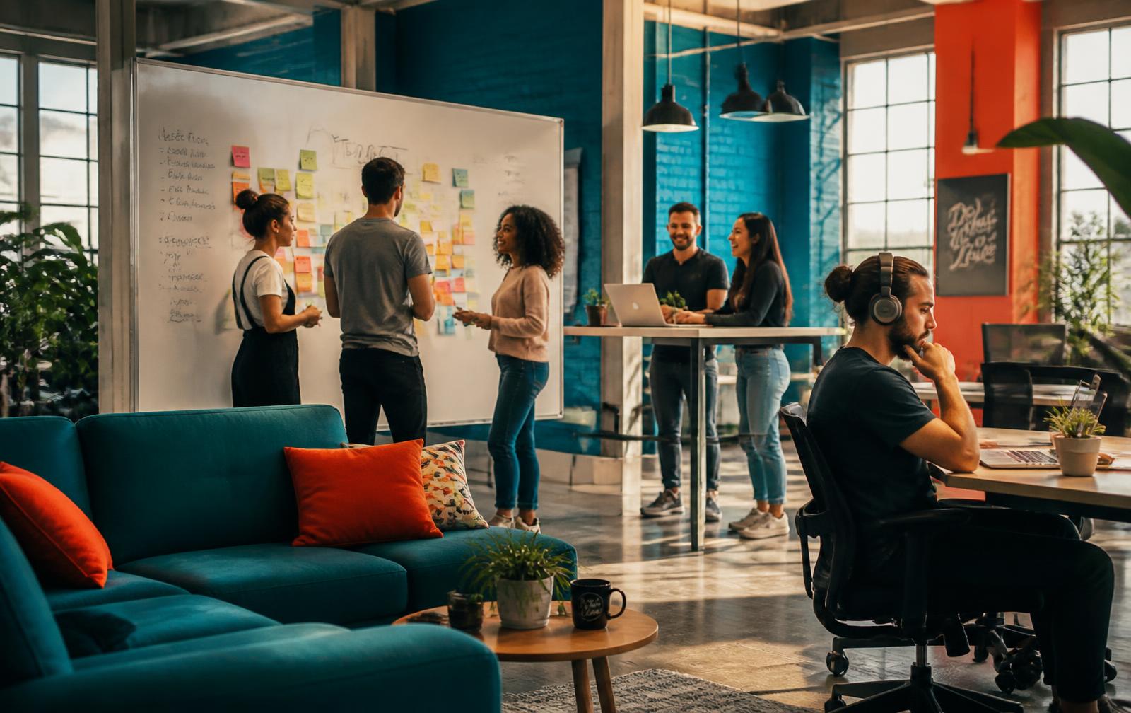 Creative open-space scale-up office: a diverse team brainstorming at a whiteboard, colleagues laughing over laptops at a standing desk, one person in deep focus with headphones — a lively, playful, focused environment in teal, petrol and coral tones.